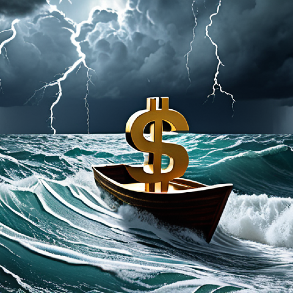 **A stormy sea representing the volatile crypto market, with a small boat navigating through the waves. Emphasize the contrast between calm waters and sudden storms. Include elements of digital currency symbols subtly in the waves.**