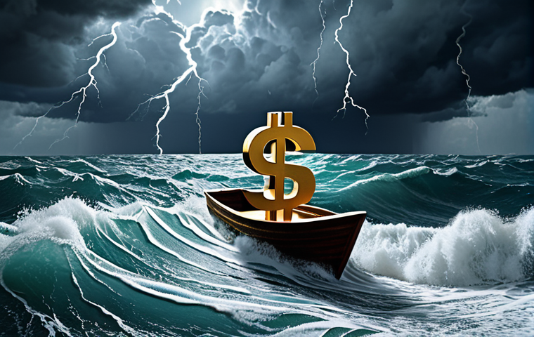 **A stormy sea representing the volatile crypto market, with a small boat navigating through the waves. Emphasize the contrast between calm waters and sudden storms. Include elements of digital currency symbols subtly in the waves.**