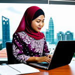 **

A professional Malay businesswoman, fully clothed in a *baju kurung* with a batik pattern, working on a laptop at a modern office desk. Background should feature a Kuala Lumpur city skyline visible through the window.  Professional lighting, high resolution, perfect anatomy, natural pose, appropriate attire, safe for work, modest, family-friendly.

**