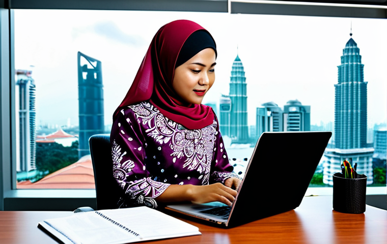 **

A professional Malay businesswoman, fully clothed in a *baju kurung* with a batik pattern, working on a laptop at a modern office desk. Background should feature a Kuala Lumpur city skyline visible through the window.  Professional lighting, high resolution, perfect anatomy, natural pose, appropriate attire, safe for work, modest, family-friendly.

**